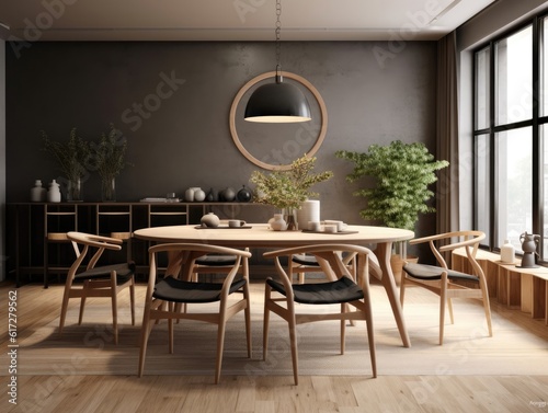 Dining room and dining sets  At a sleek and minimalist wooden dining table  sunlight shines through large windows. Generative AI