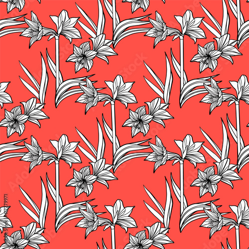 Hippeastrum amaryllis lilly blooming flowers seamless pattern. Elegant tender floral foliage garland bouquet. Vector design illustration.