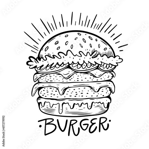 Hand drawn black color burger sign. Fast food logo cafe