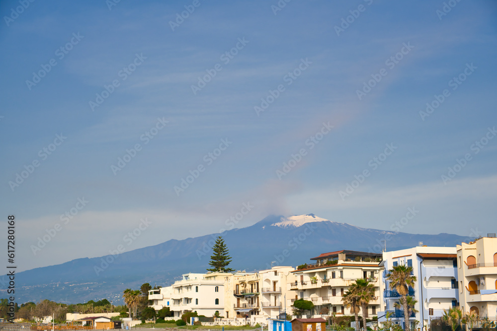 View from Giardini Naxos, on the Entna volcano in Sicily southern Italy