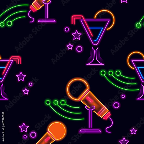 Cocktail and microphone, neon signs seamless print