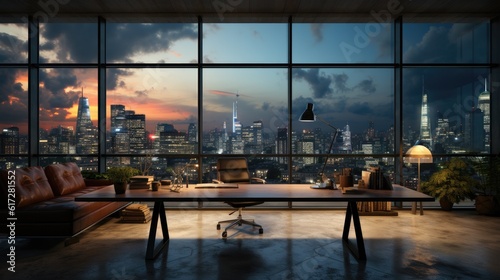 Modern office with panoramic city view.