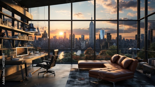 Contemporary office interior with city view, Sunset, Furniture, Luxury office interior.