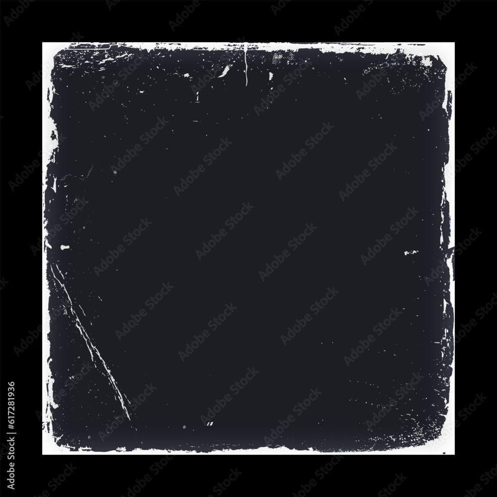 Album paper cover with worn, dirty, scratches effect. Grunge texture mockup for retro cd, vinyl. Distressed edge overlay frame, rough vintage template, vector illustration