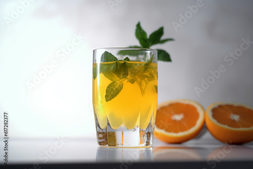 a glass of orange juice and mint leaves on a white background