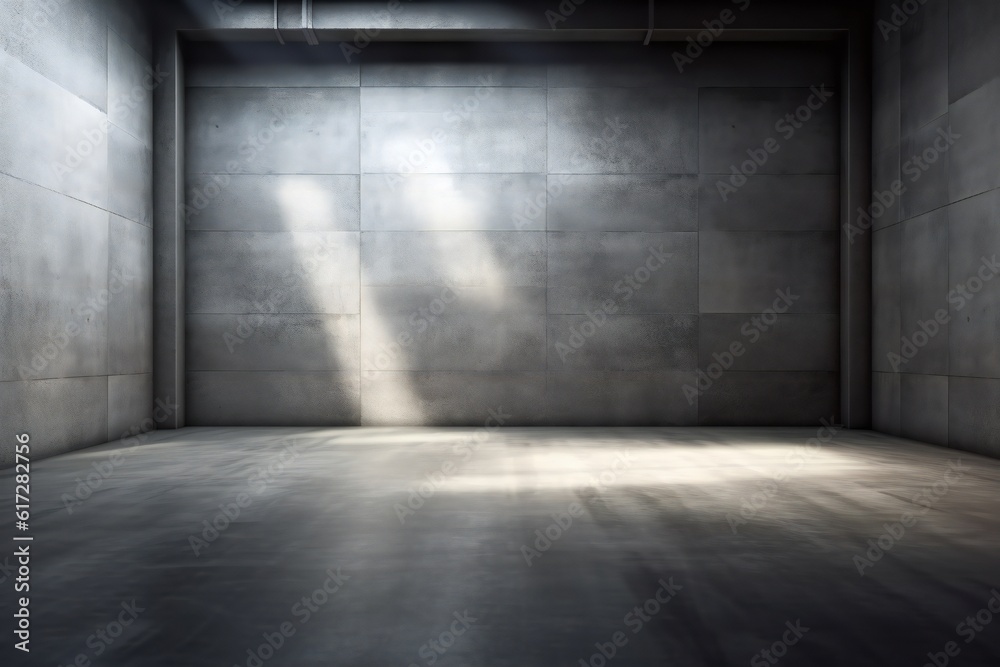 Website slide backdrop empty dark gray industrial concrete scene with floor and back wall and light rays Generative AI
