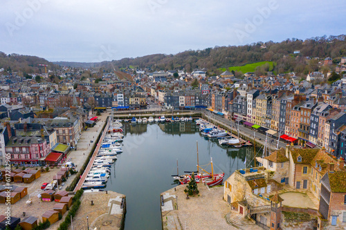 City Skyline Overlooking River in Urban Landscape Captivating aerial view of a vibrant metropolis with stunning skyline and river. drone honfleur france