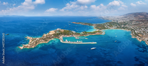 Aerial view of the popular Vouliagmeni district of Athens, Greece, with Laimos peninsula, Astir and Kavouri beaches photo