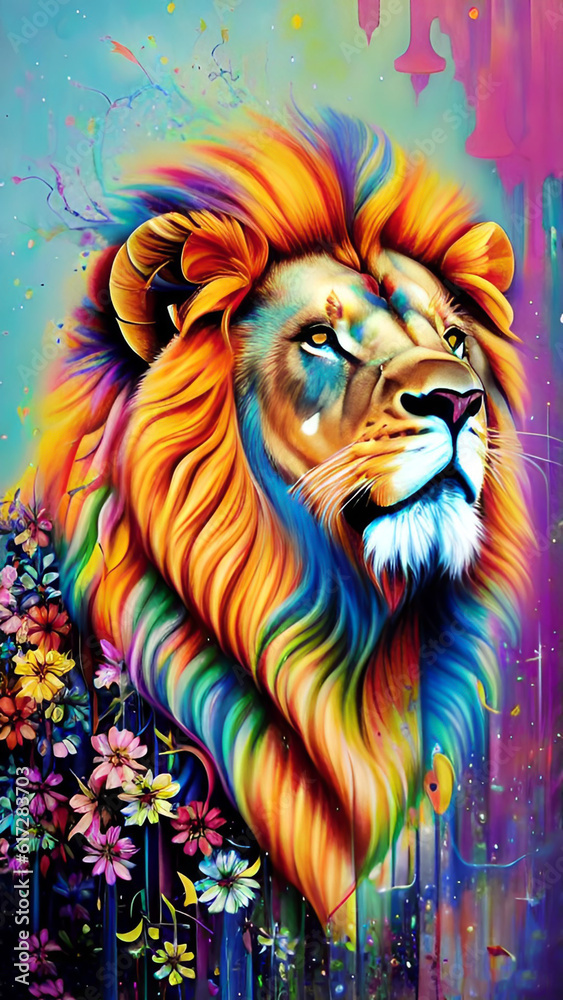 With its mane ablaze in vibrant colors and intricate floral patterns, the lion's head becomes a captivating symbol of both strength and delicate elegance.
