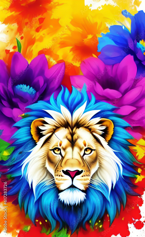 Amidst a beautiful colorful flowers the lion head as a magnificent symbol of power and beauty creating a captivating sight.