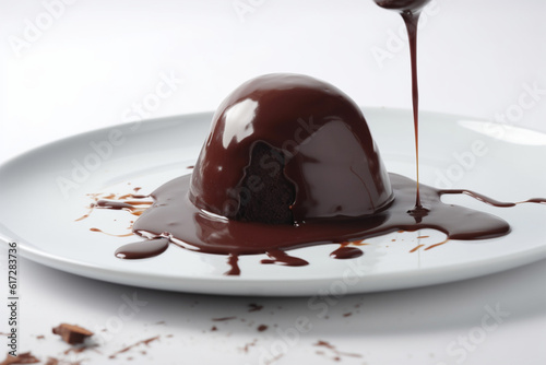 a piece of chocolate pudding with melted chocolate on a white background