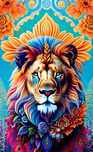 The vibrant and intricate colors of the lion head intertwine seamlessly with the beauty of the surrounding flowers  creating a captivating and enchanting scene that celebrates nature s splendor.