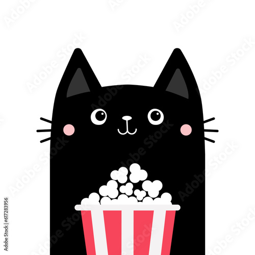 Black cat and popcorn box. Cute cartoon funny character. Cinema theater. Film show. Kitten watching movie. Kids print for tshirt notebook cover. Isolated. White background. Flat design