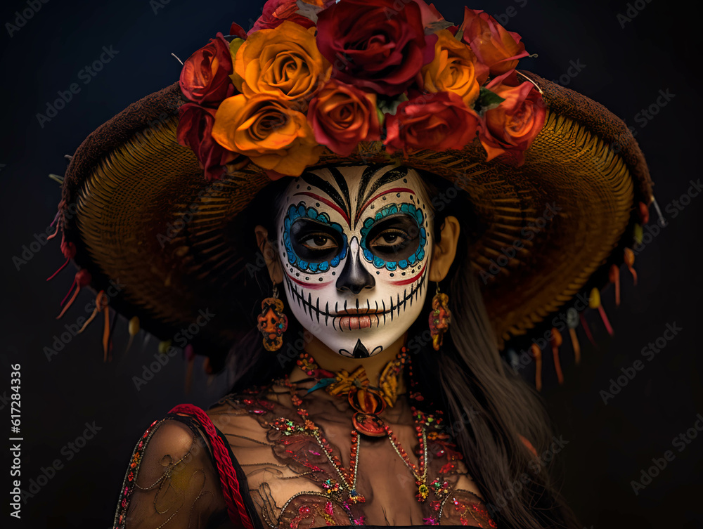 Retrato Mujer Catrina Colorida Tradicional Folclore, Mexicano. Ia 