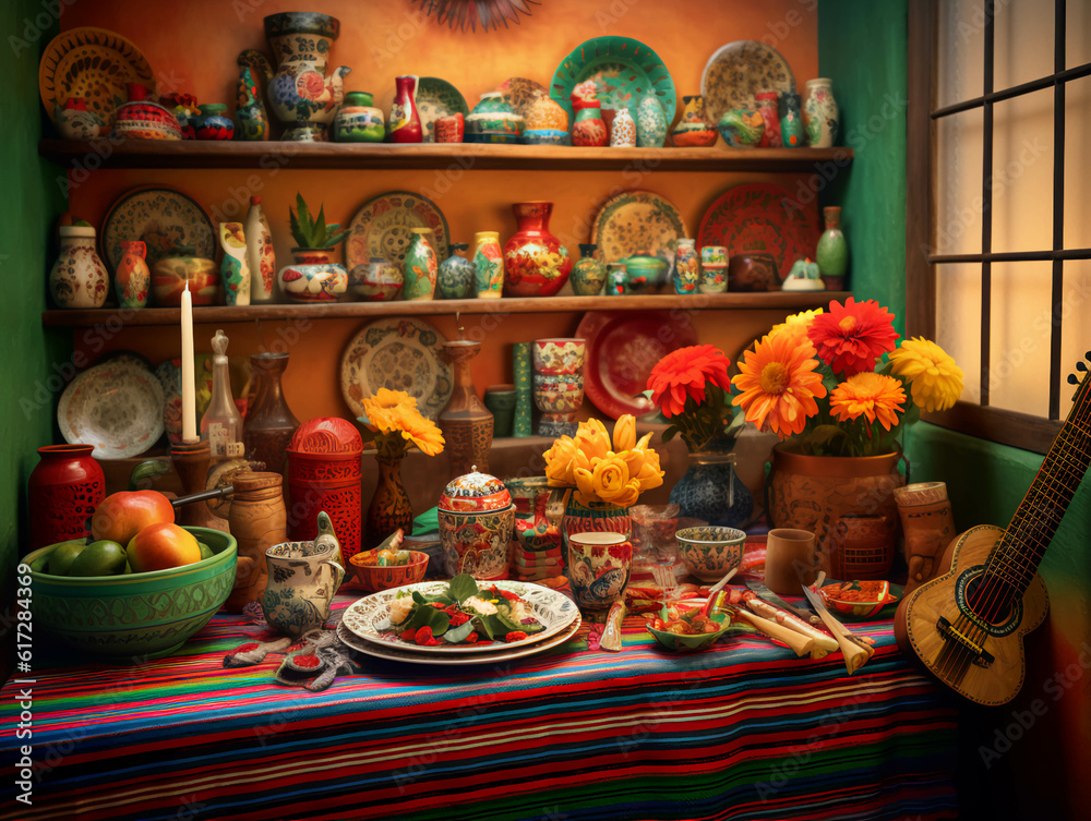 Interior casa tradicional Mexicana, mesa, colorido, folclore.ai generada