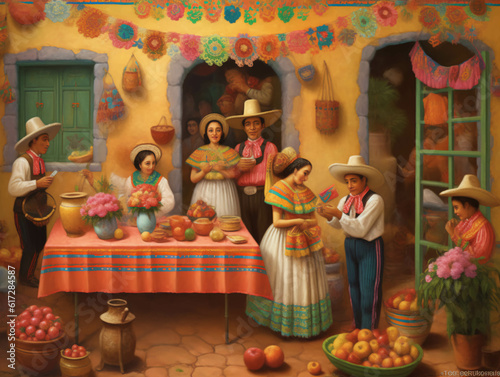 ilustración, celebracion, pueblo tradicional mexicano, latino. ia generada
