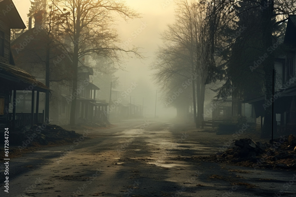 An empty illuminated ghost town street lamps lighting up the road through the trees and village in a fog on a rainy autumn day, street lanterns. Halloween background. Generative AI An empty illuminated ghost town street lamps lighting up the road through the trees and village in a fog on a rainy autumn day, street lanterns. Halloween background. Generative AI