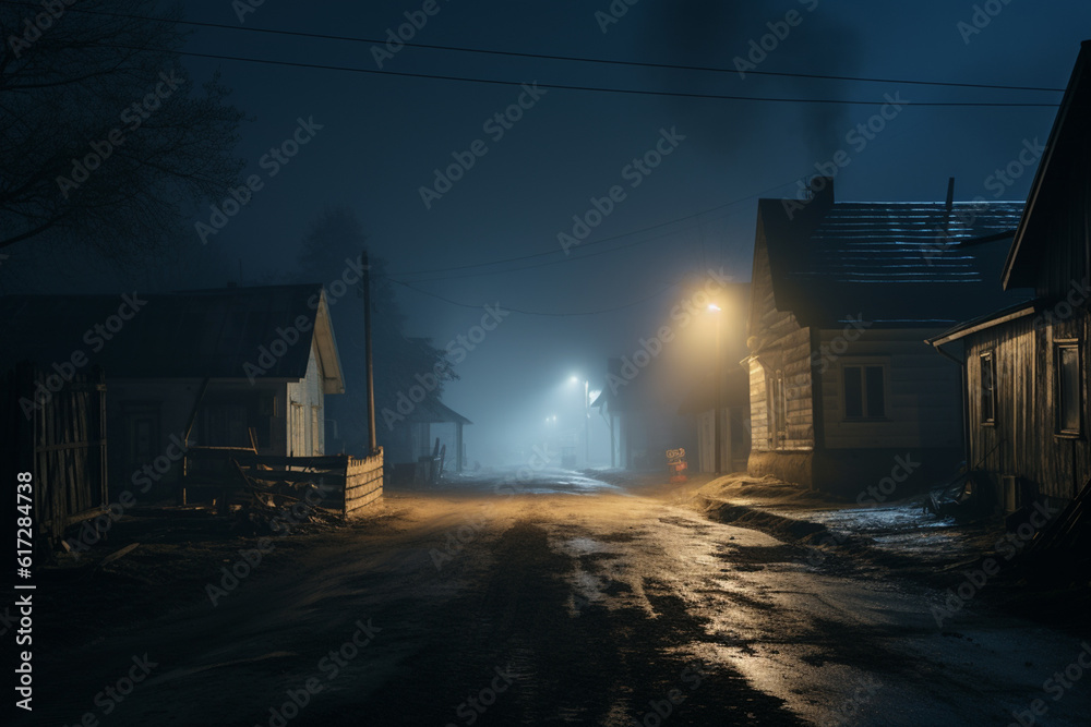 An empty illuminated ghost town street lamps lighting up the road through the trees and village in a fog on a rainy autumn day, street lanterns. Halloween background. Generative AI An empty illuminated ghost town street lamps lighting up the road through the trees and village in a fog on a rainy autumn day, street lanterns. Halloween background. Generative AI