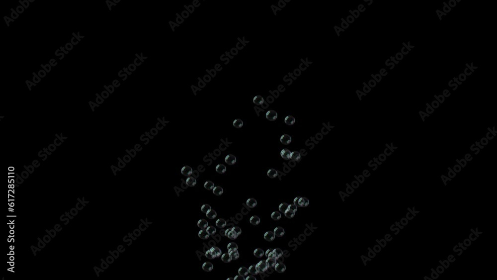 Soap bubble particles falling slowly on a chroma key background. Animation of soap bubbles on a black background. Soap bubbles effect
