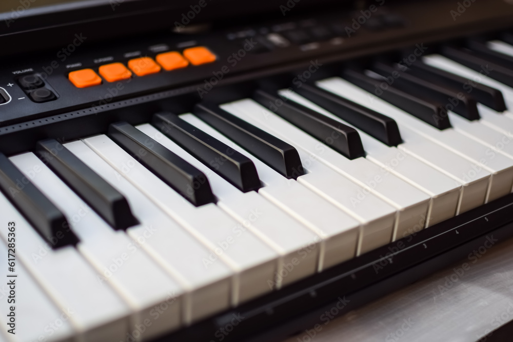 Close-up of piano keys. Piano black and white keys and Piano keyboard musical instrument placed at the home balcony during sunny day. Close-up of piano keys. Piano black and white keys and Piano keyboard musical instrument placed at the home balcony during sunny day.