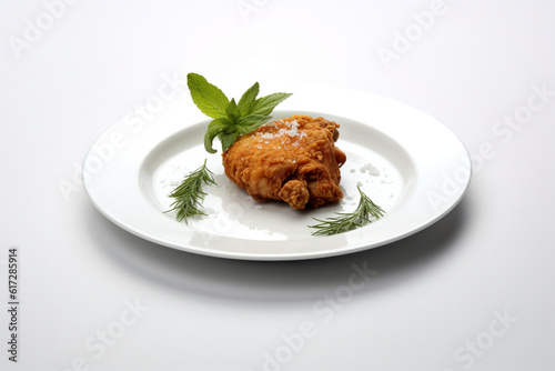 a fried chicken on a plate decorated with soup leaves, ultra hd gray white background