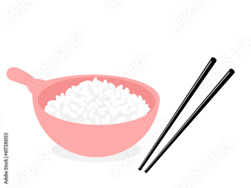 Rice bowl icon sign and chopsticks on white background vector illustration. Cute cartoon food.