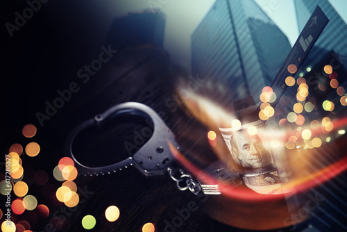  Double exposure city and hands of a man with handcuffs on a background of us dollars. Fraud, cyber crime concept. Arrest of an entrepreneur in the workplace.