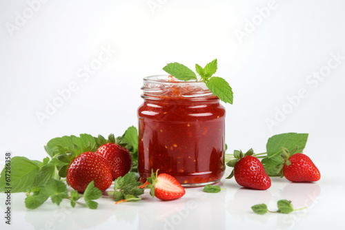 strawberry jam and fruit on a white background