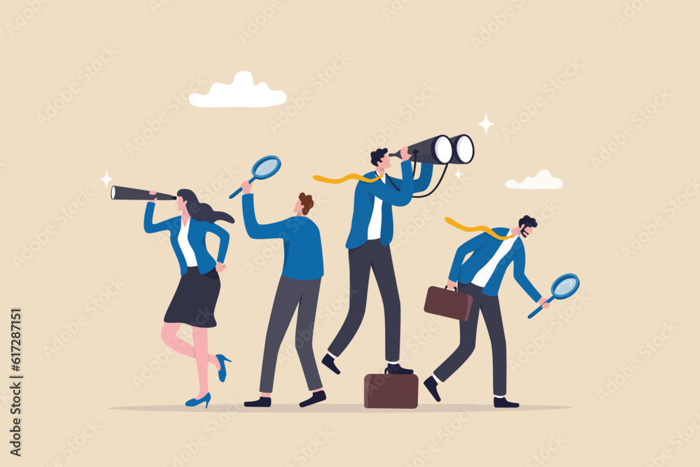 Search opportunity, finding new job, inspection or research, SEO or analyze for optimization, inspect or looking for future, career development concept, business people with binoculars, telescope.