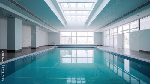 Interior of swimming pool in a modern office building with blue tiles, Generative AI © LAYHONG