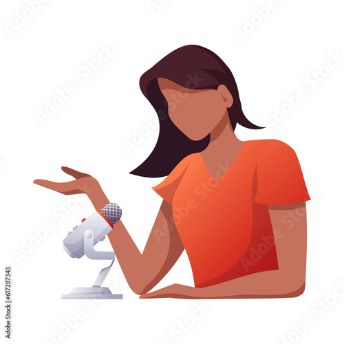 Black Woman with microphone recording podcast. Streaming, Online show, blogging, podcasting, radio broadcasting concept. Isolated vector illustration for poster, banner, advertising.