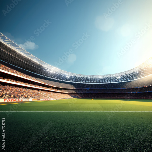 Soccer stadium with green field. Generative AI © magr80