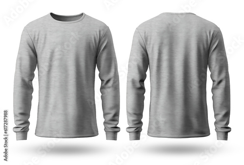 Gray long sleeve t-shirt mockup, with front and back view, isolated on transparent background, generative ai