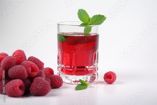 a glass of raspberry juice and its fruit with mint leaves on a white background