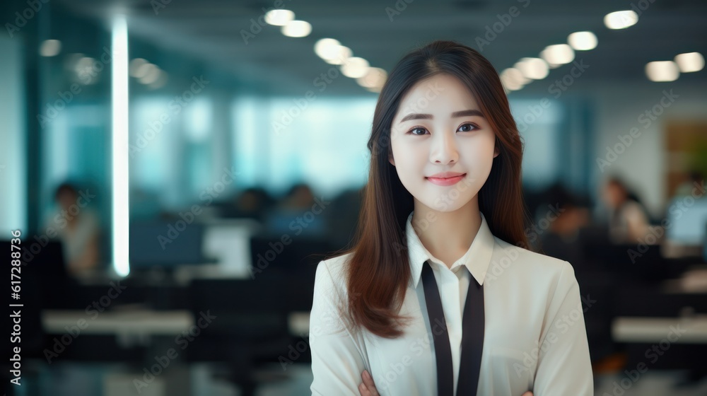 Fototapeta premium Young Asian Businesswoman confidence team leader business looking camera and smile in modern office room with blurred background.