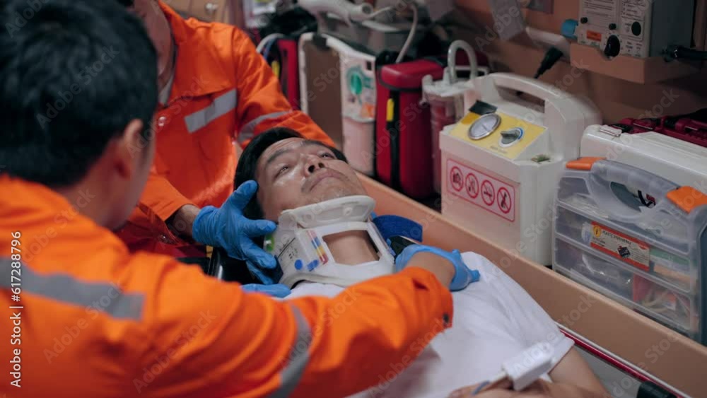 Group of Asian emergency medical technician (EMT) or paramedic team is