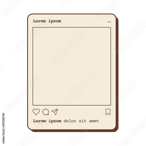 Social media photo frame template with place for text. Camera app with retro aesthetic design. Picture post with like, share and comment icon. Vintage camera preset application. Vector illustration. 