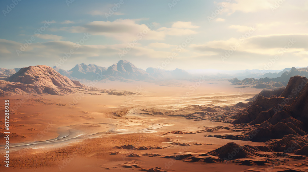 an aerial view of desert and rocks. Panoramic view and aerial photography of a from Red Sand Dune. drone view of a breathtaking fantasy landscape. Generative AI