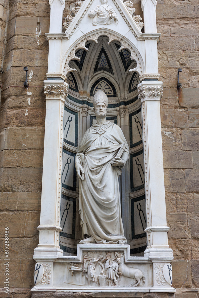 Statue of Saint Eligius in the  Tabernacle in the Exterior Perimeter of the Church of Orsanmichele in Florence, Italy