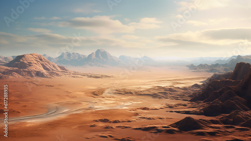an aerial view of desert and rocks. Panoramic view and aerial photography of a from Red Sand Dune. drone view of a breathtaking fantasy landscape. Generative AI