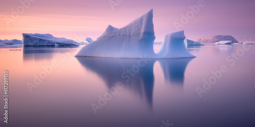 iceberg under a fantasy colorful sky during sunset at Arctic. generative AI image. © hakule