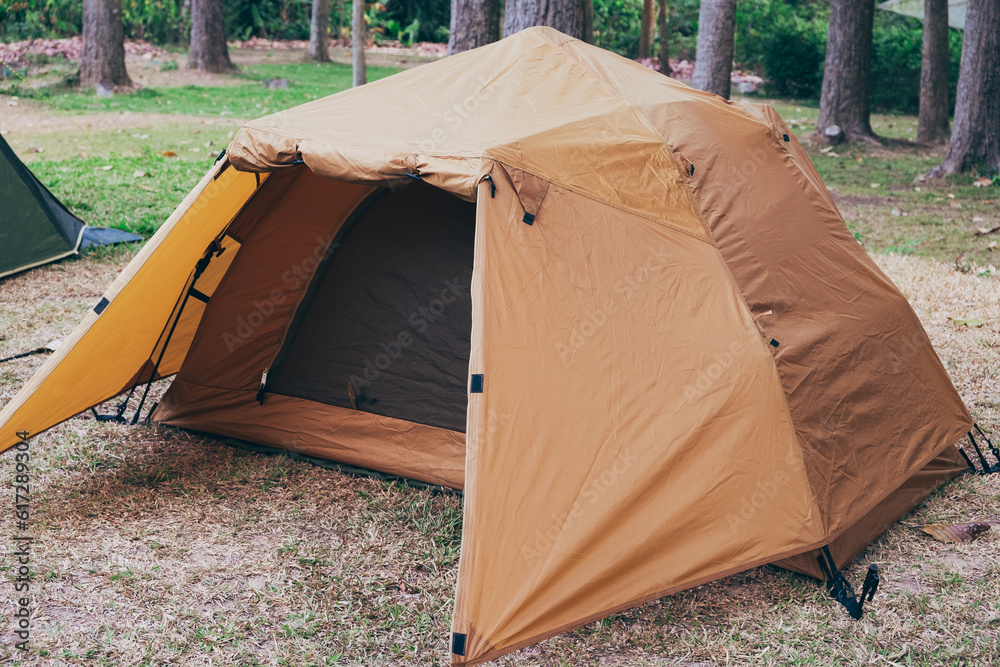 Camping picnic yellow tent campground in outdoor hiking forest. Camper while campsite in nature wood background at summer trip camp. Adventure travel vacation concept