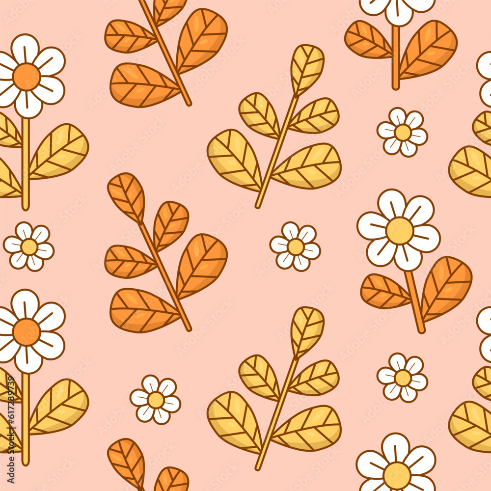 Obraz premium Retro seamless pattern with Daisy Flower with leaves on light pink background. Groovy vector Illustration for wallpaper, design, textile, packaging, decor.