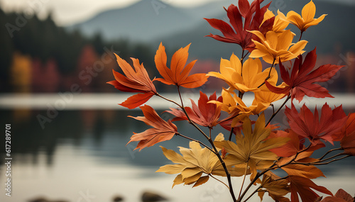 Colorful autumn plants background, brown,yellow orange fall colored with blurred background. Trees Leaves in vintage color with copy space