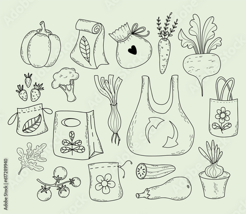Eco bags, reusable paper bags and vegetables and fruits. Vector illustration. Isolated outline hand drawings. Environmental protection, eco products and items.