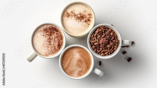 Cups of cocoa, white background, top view. AI generative image.