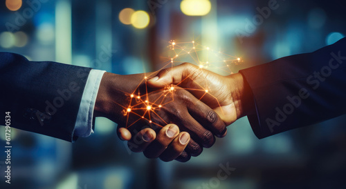 Image of an investor and business partner shaking hands with a double exposure and a digital network link