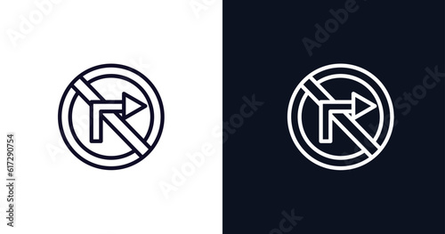 no turn right sign icon. Thin line no turn right sign icon from traffic signs collection. Outline vector isolated on dark blue and white background. Editable no turn right sign symbol