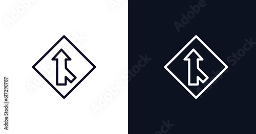 merging sign icon. Thin line merging sign icon from traffic signs collection. Outline vector isolated on dark blue and white background. Editable merging sign symbol can be used web and mobile