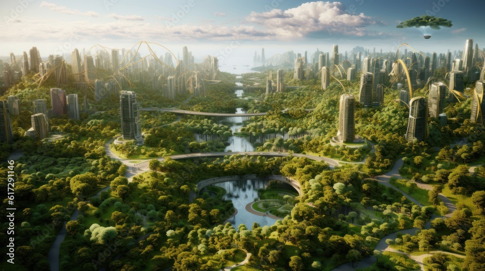 Obraz premium Futuristic eco friendly city. AI generative image.